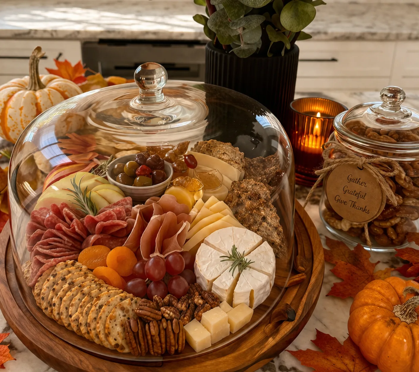 Fall charcuterie board under a glass cloche with salami roses, prosciutto, brie, and cheddar, styled with mini pumpkins and maple leaves