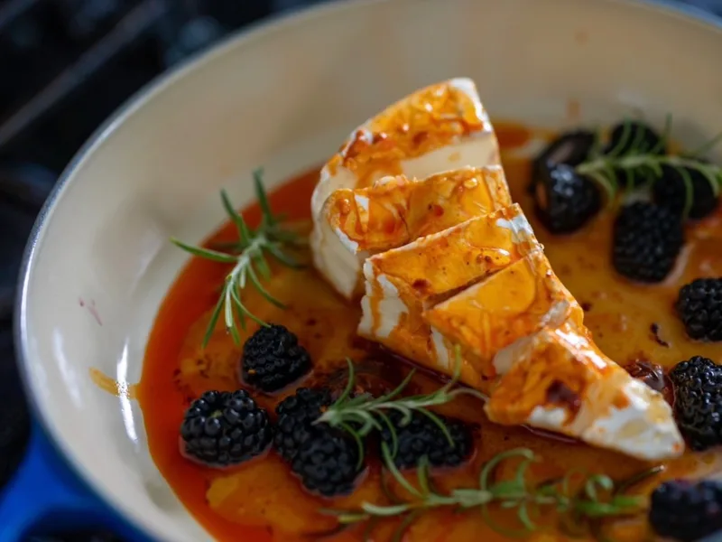Hot honey baked brie with blackberries